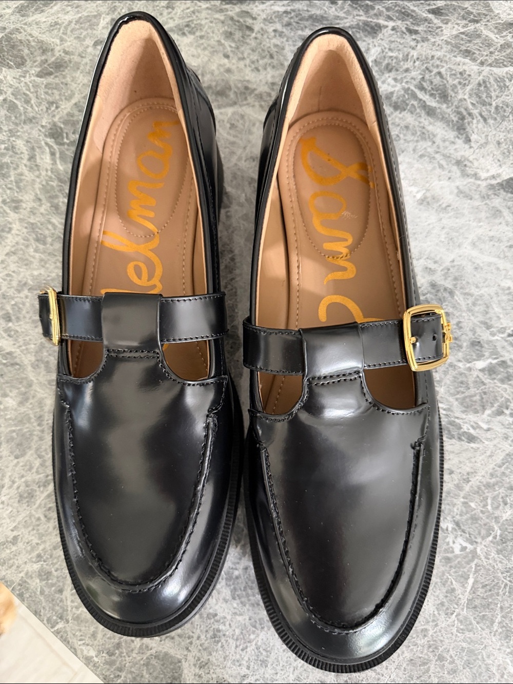 Sam Edelman Black Patent Mary Jane Loafers with Gold Buckle